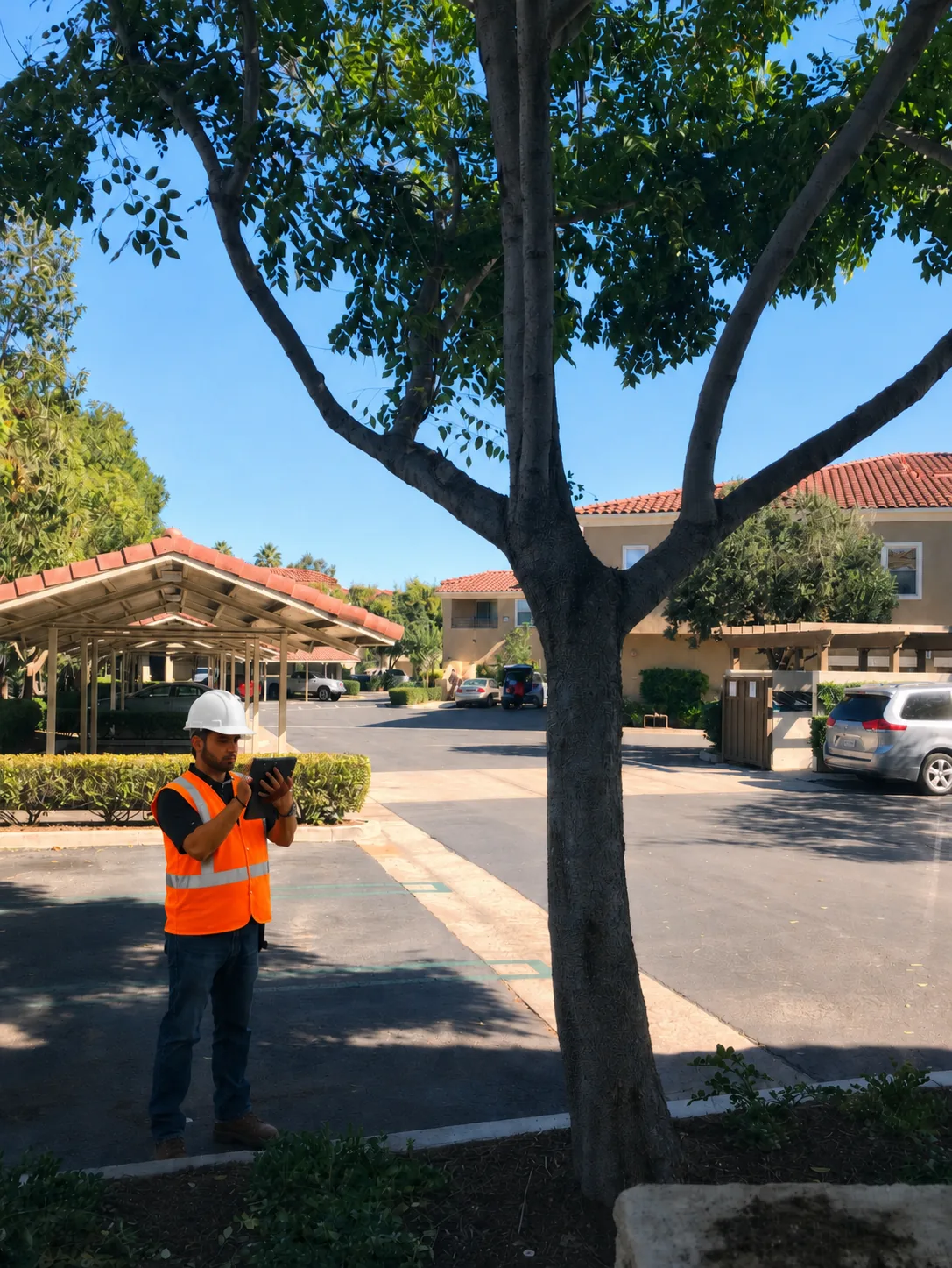 Tree professional inspecting a mature tree from the ground while using a tablet